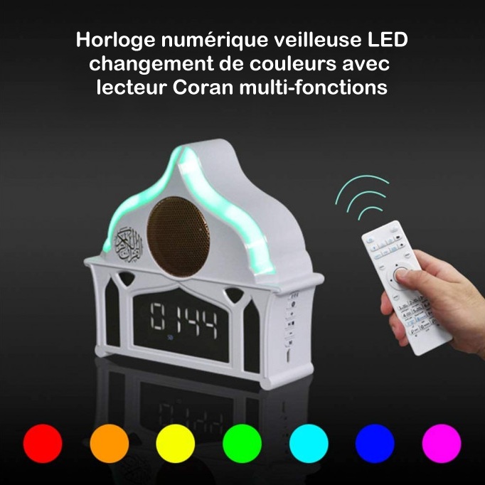 Lampe Veilleuse Coranique + horloge LED numérique avec Haut-parleurs,  Bluetooth traduction sous forme de mosquée avec télécommande (SQ-912) -  Electronique sur