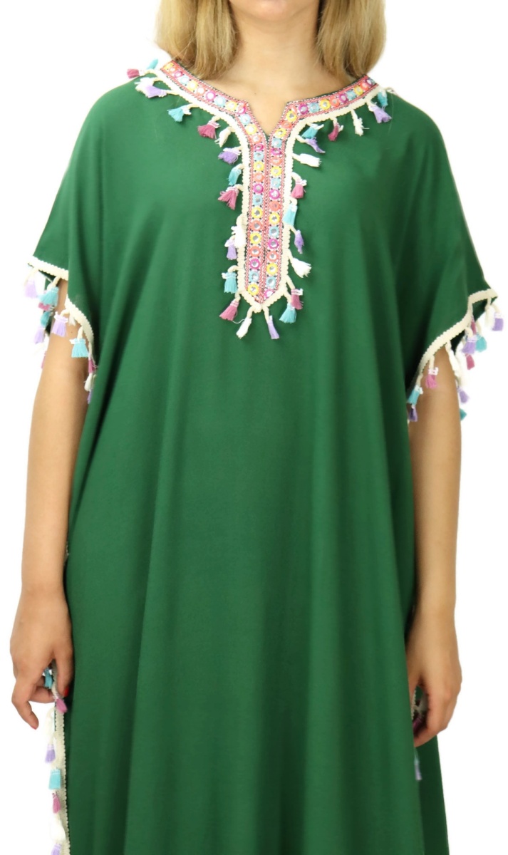 broderie robe longue pompon Robe orientale longue extra large avec pompons multicolores pour femme  Couleur vert sapin