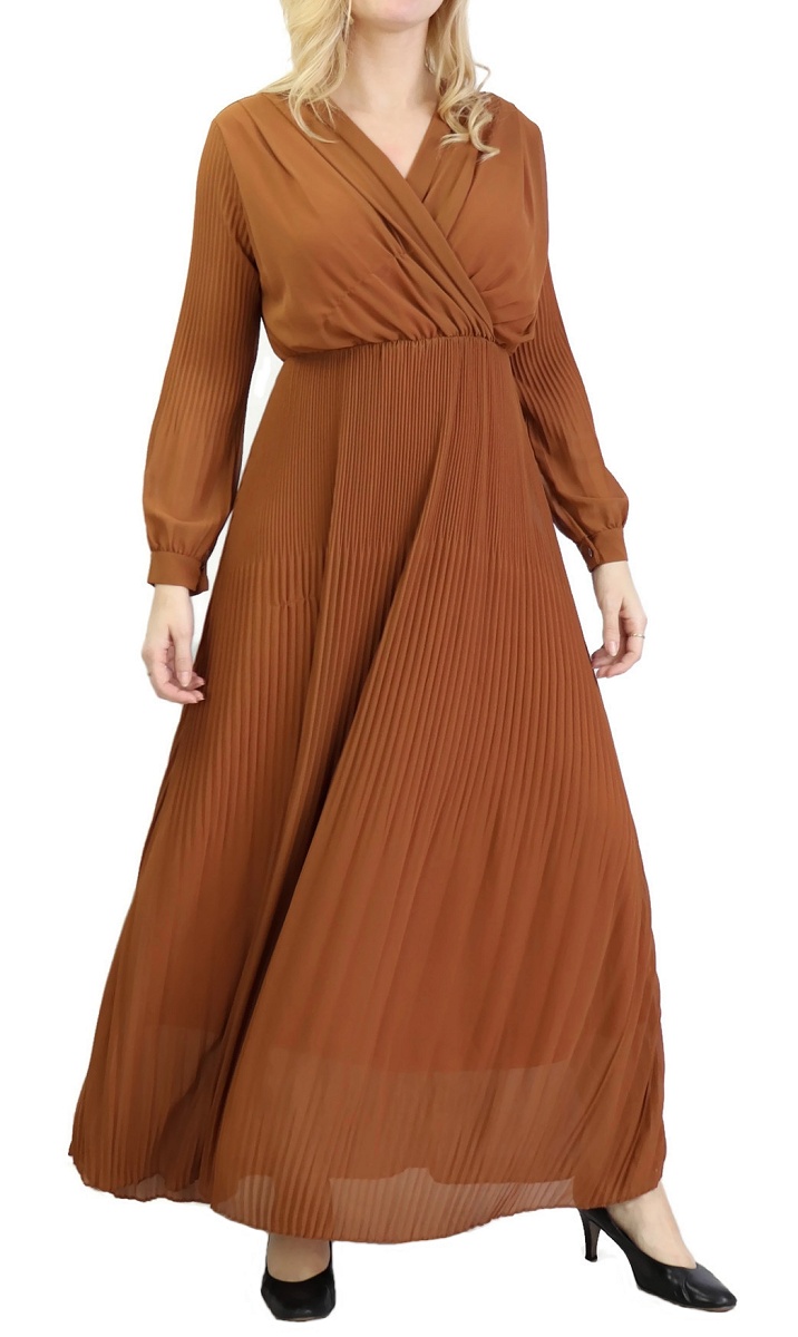 Robe longue plissée avec col en cache-cœur - Couleur marron - Prêt à porter  et accessoires sur