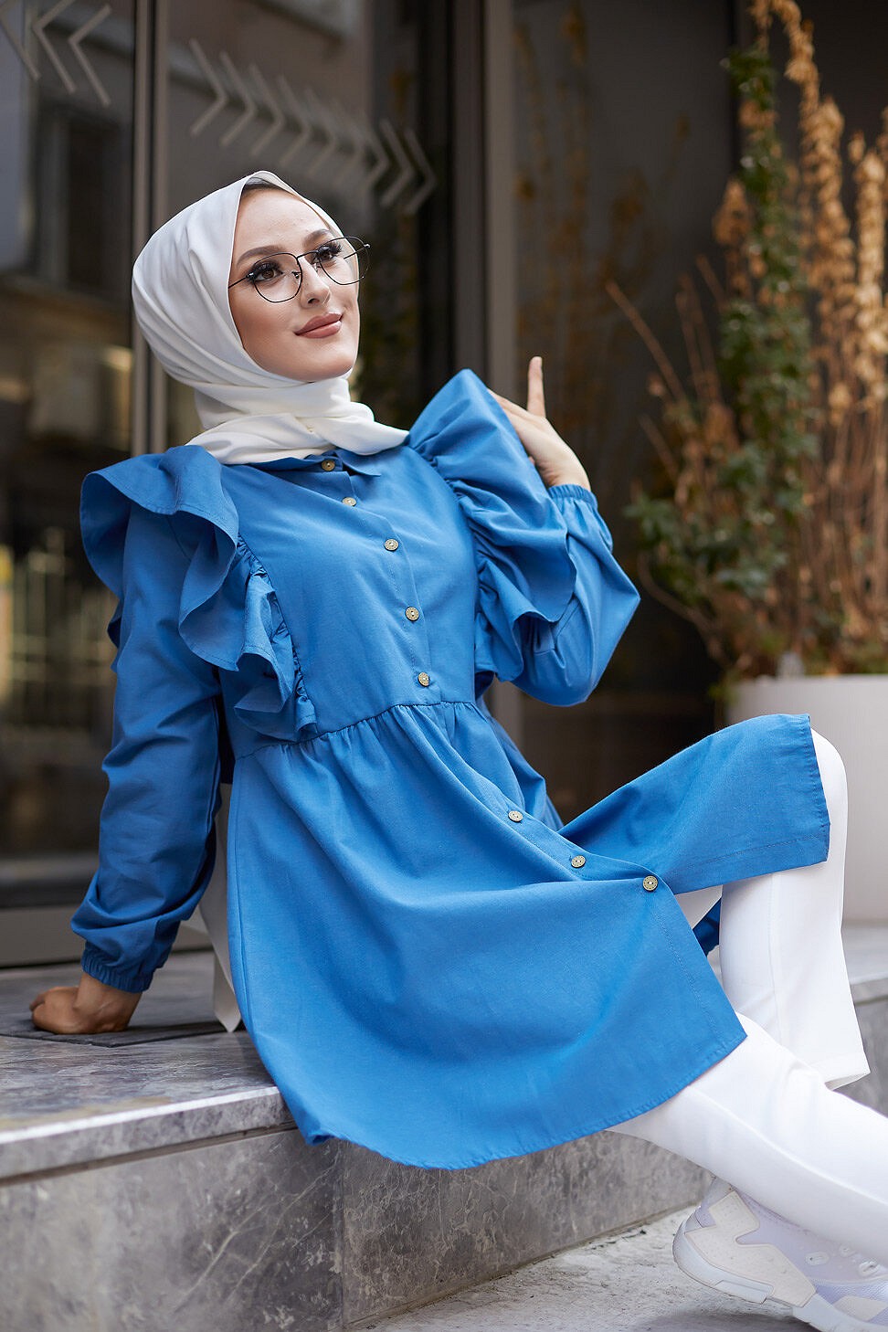 Chemise à froufrou (Vetement femme voilée en ligne) - Couleur bleu pétrole