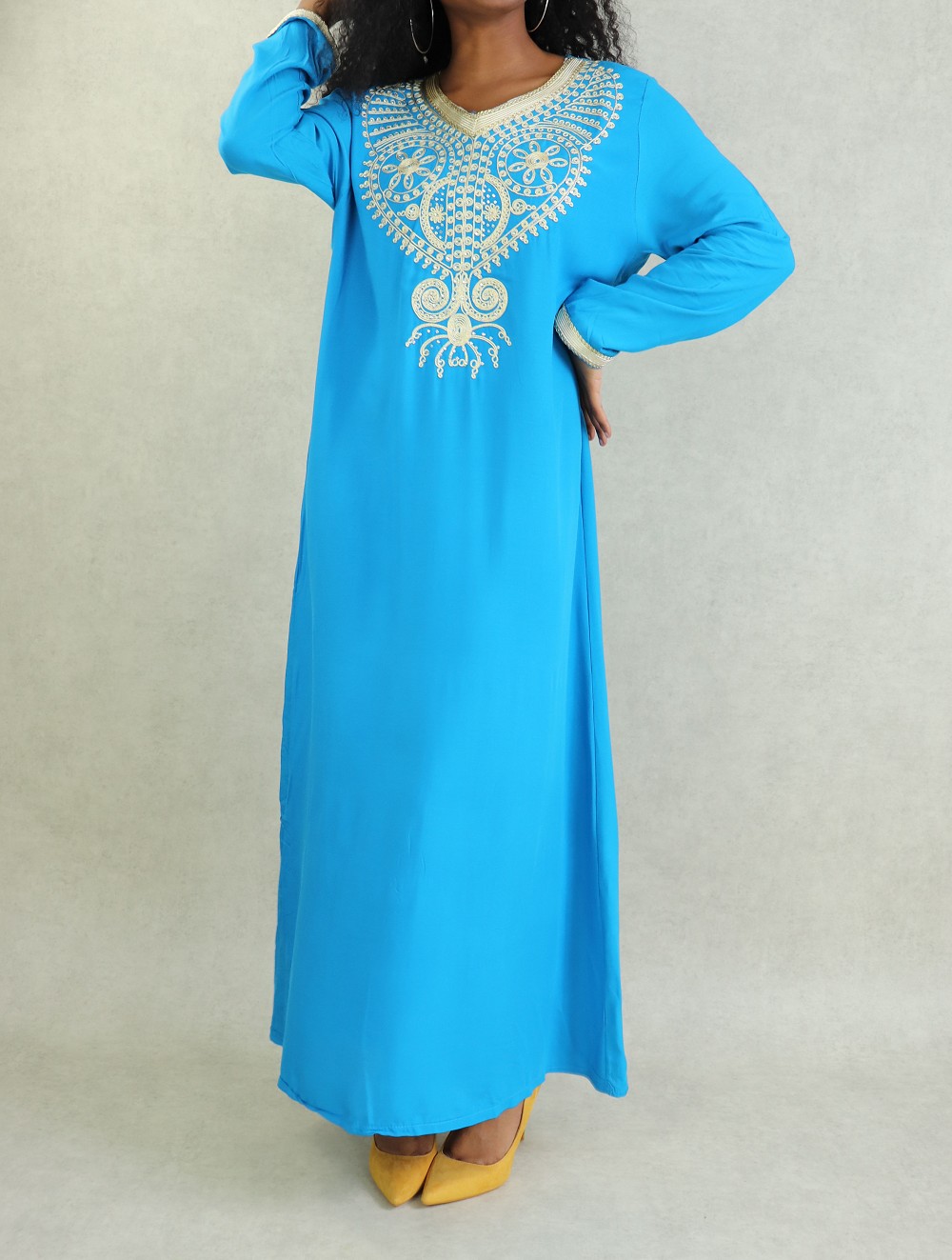 Robe orientale longue à strass et broderies en coton pour femme - Couleur  Bleu