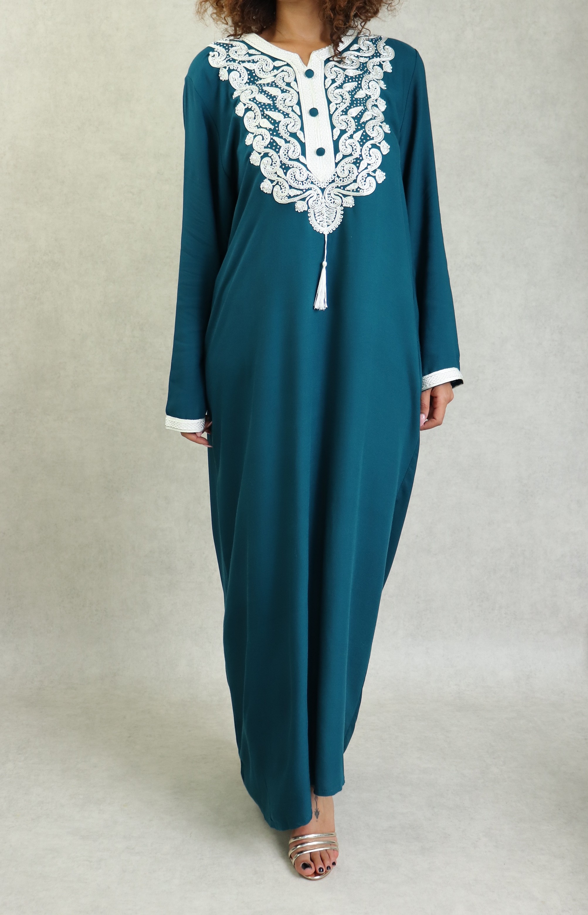 Robe orientale longue pour femme avec broderies dorées - Couleur bleu  turquoise