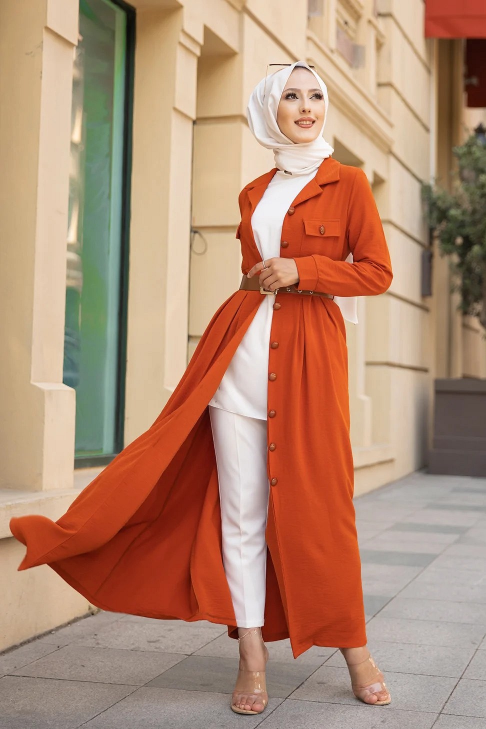 Robe longue casual boutonnée avec sa ceinture (Vetement pour femme  musulmane) - Couleur brique