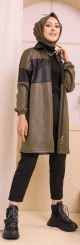Veste tunique zippee en skai simili-cuir pour femme (Vetement Hijab Automne Hiver Style) - Couleur kaki