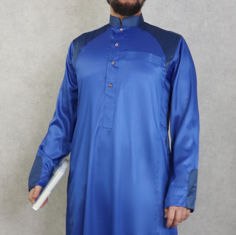 Qamis homme moderne haut de gamme de couleur bleu nuit (tissu satiné)