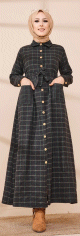 Robe chemise longue boutonnee a carreaux - Saison Automne-Hiver (Mode musulmane) - Couleur anthracite et vert