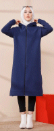 Cardigan Gilet long zippe style decontracte et sport col a capuche pour femme voilee - Couleur bleu marine
