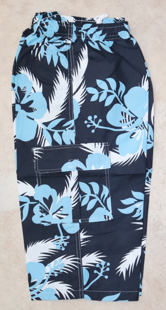 Pantacourt - Short de plage long au niveau des genoux - Sarouel de Bain  pour homme motifs fleurs - Couleur bleu marine, blanc et bleu ciel