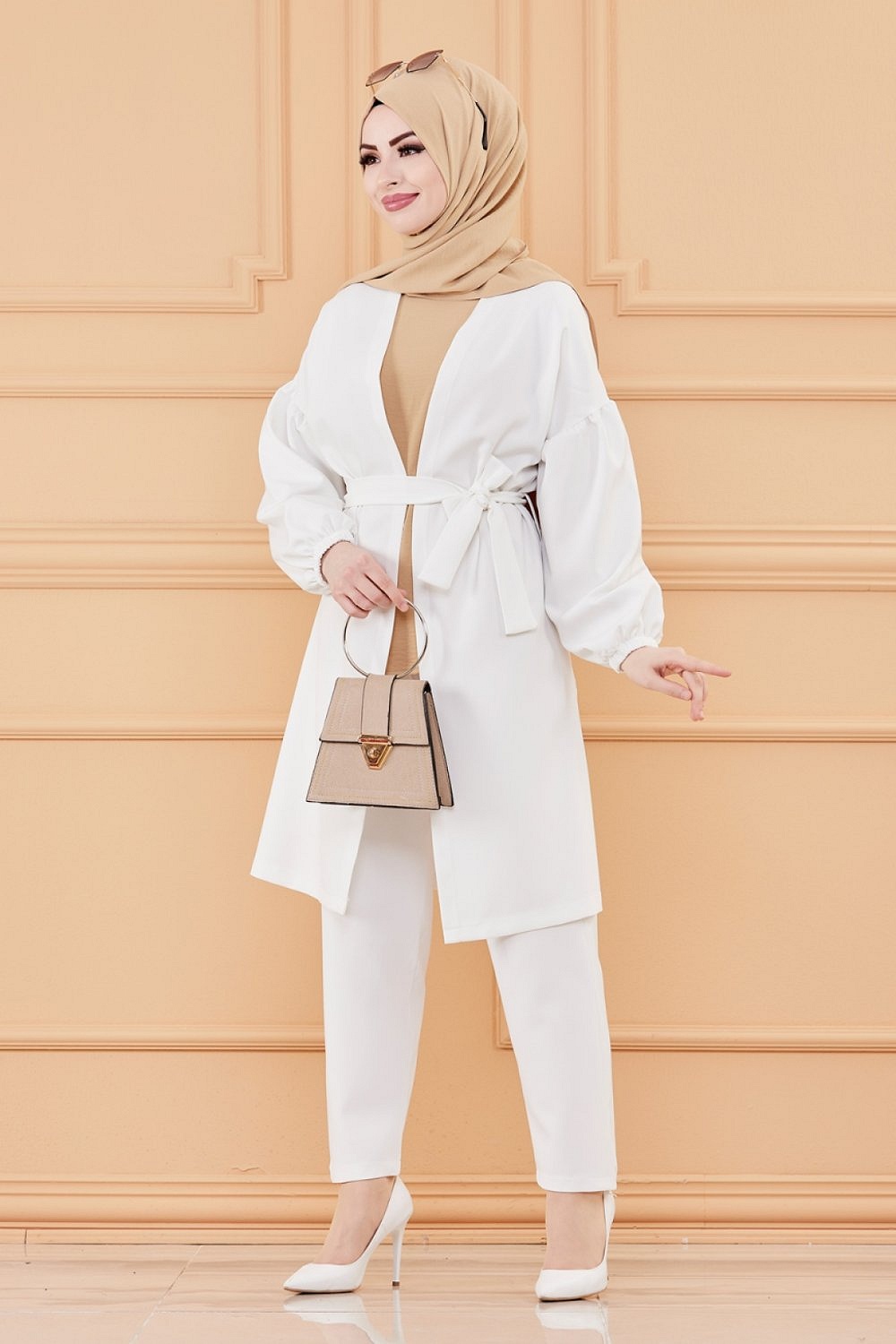 Ensemble femme : Veste et pantalon (Tenue hijab classique) - Couleur blanc