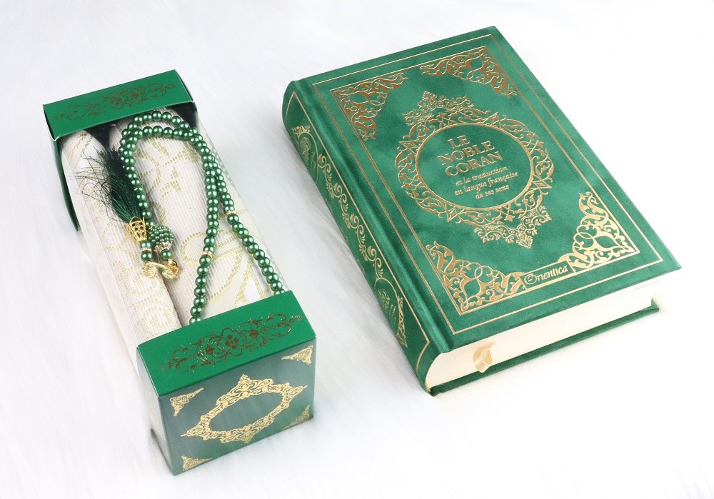 Pack cadeau : Tapis de prière + Sebha (Chapelet musulman) + Le Noble Coran  avec traduction fr - Couleur vert doré