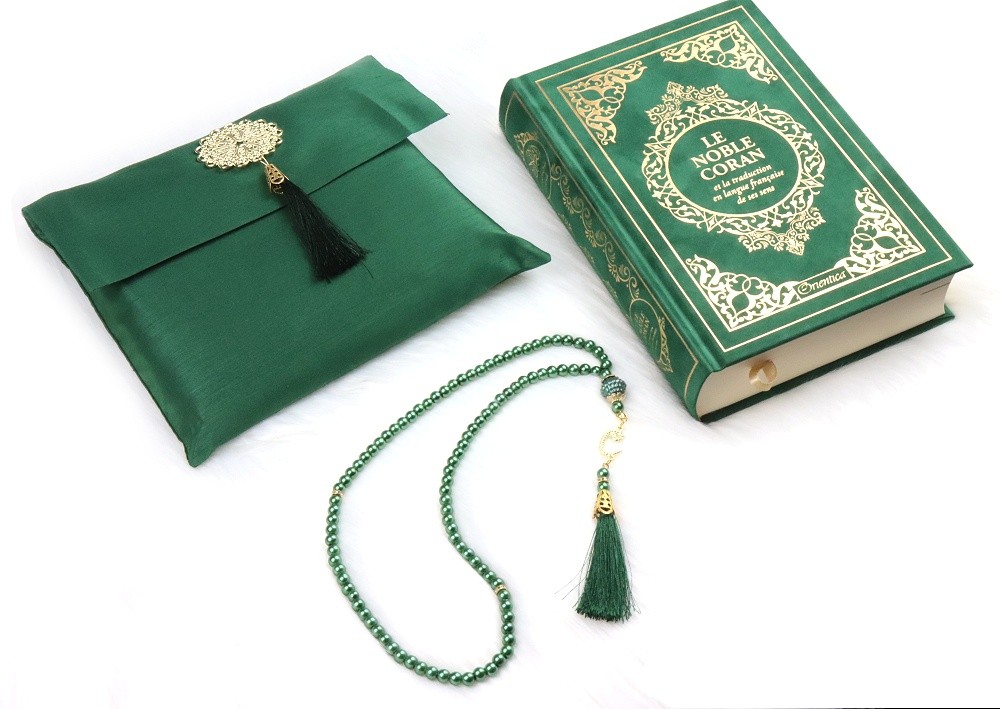 Pack cadeau : Pochette + Sebha (chapelet musulman) + Tapis de prière + Le  Noble Coran avec traduction française - Couleur vert doré - Objet de  décoration ou oeuvre artisanale sur