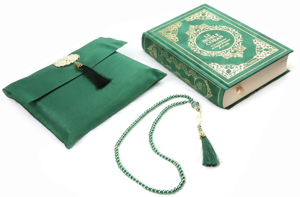 Pack cadeau : Pochette + Sebha (chapelet musulman) + Tapis de prière + Le  Noble Coran avec traduction française - Couleur vert doré - Objet de  décoration ou oeuvre artisanale sur