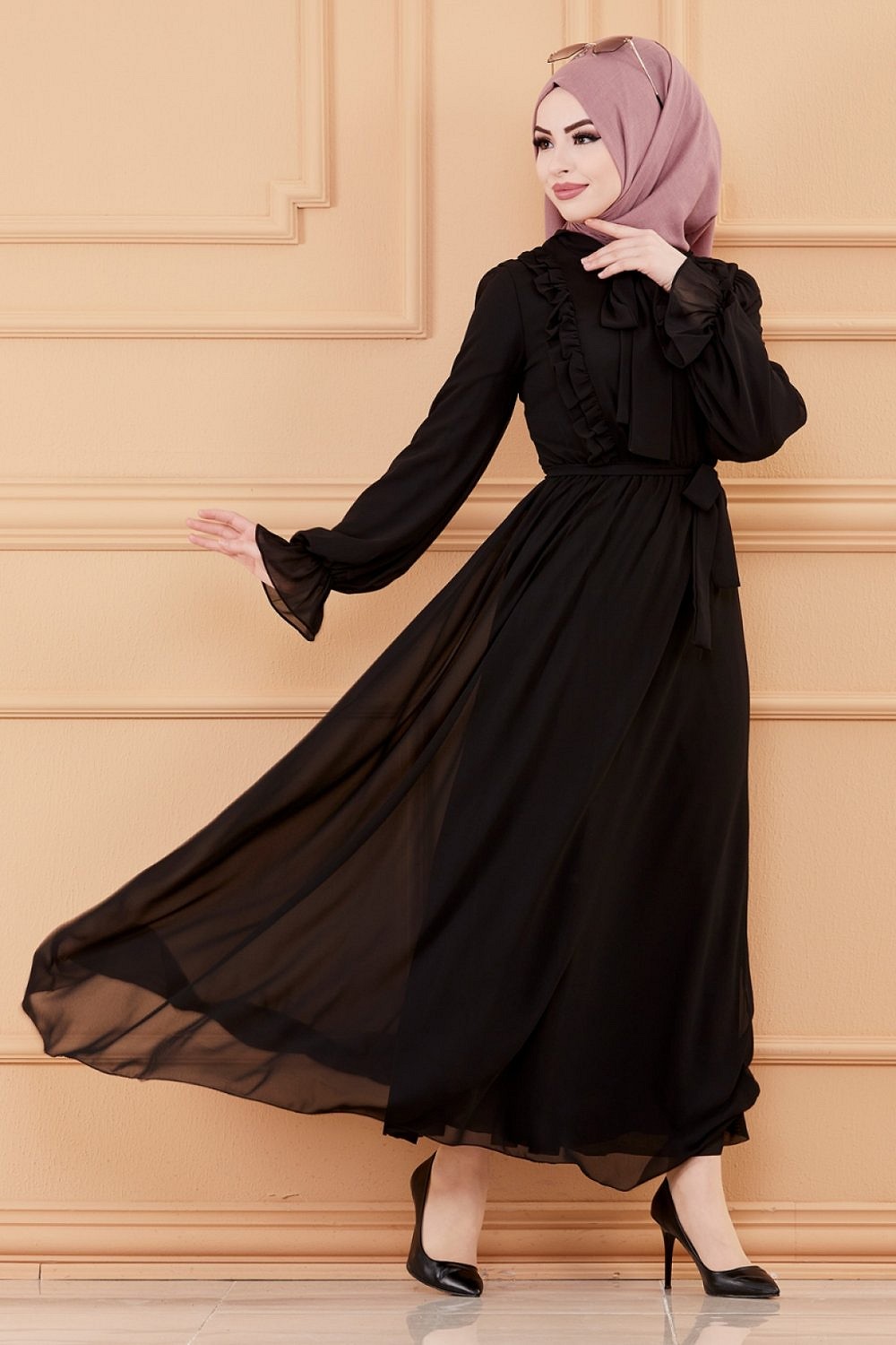 Robe de soirée pour femme (Tenue style chic pour hijab) - Couleur noir