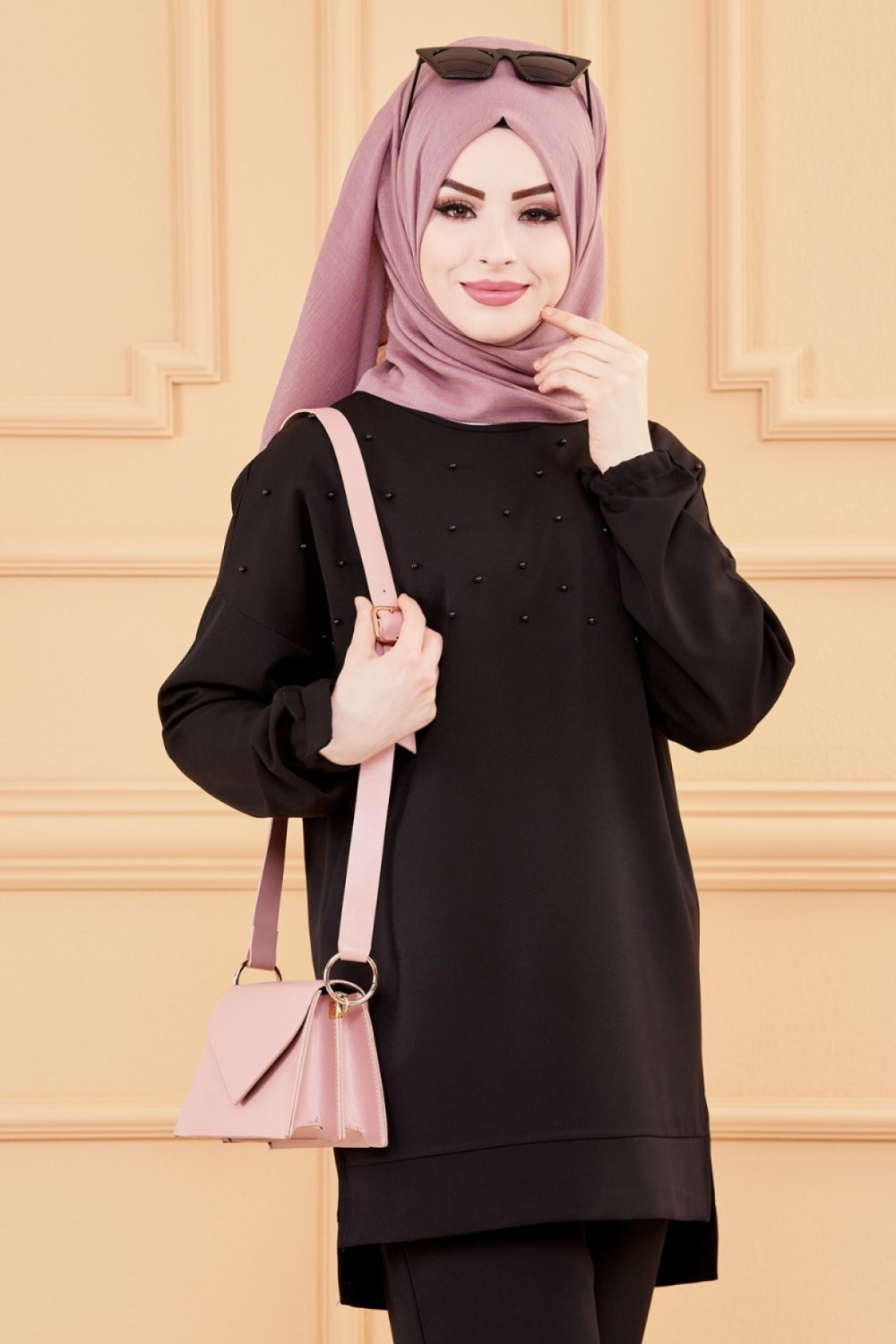 Ensemble ample pour saison automne hiver (Tenue hijab deux pièces : tunique  et pantalon) - Couleur vieux rose