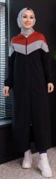 Cardigan long a capuche avec partie argentee - Robe zippee style moderne pour femme voilee - Couleur noir et brique