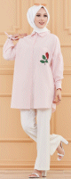 Chemise-Tunique motif fleur (Vetement pour femme voilee) - Couleur des rayures : rose poudre