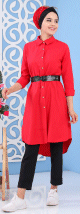 Tunique chemise longue decoration boutons pour femme - Couleur rouge