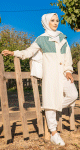 Veste longue bicolore a capuche (Casual Modest Fashion) - Couleur blanc et menthe