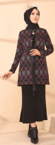 Veste Manteau femme avec ceinture integree (Tunique Automne Hiver - Boutique en ligne Vetements Hijab Turquie) - Couleur noir et prune