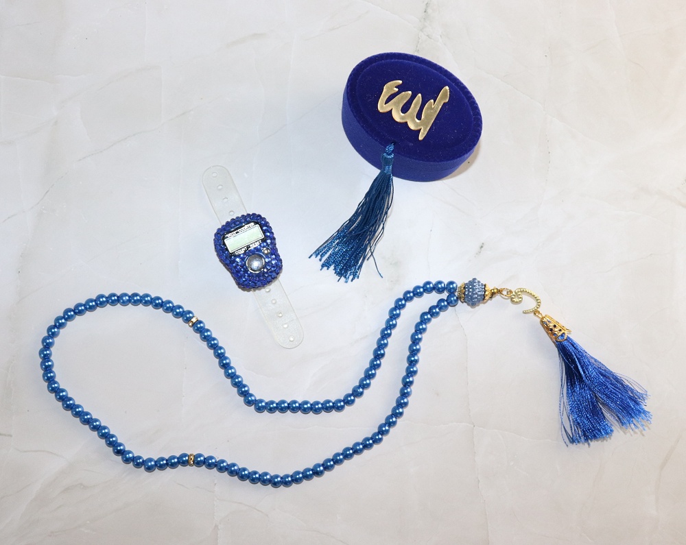 Chapelet translucide Sabha musulman 33 grains (grosses perles) de luxe de  couleur bleu doré