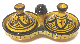 Tajine double decoratif marocain en poterie de couleur jaune emaille decore de motifs noirs peints